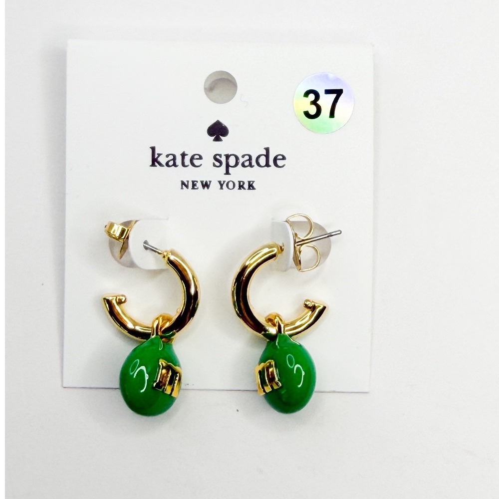 Kate Spade M&Ms Green Peanut Huggie Hoop Earrings Gold Tone Enamel NWT Preppy